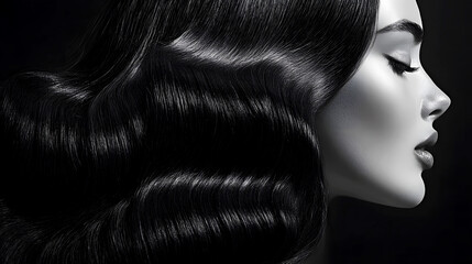 hair flows in smooth, polished waves, capturing the vintage charm of Hollywood with a glossy finish and luxurious texture