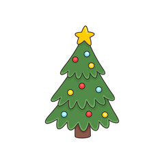 Christmas tree decorated with festive balls, star. Traditional Xmas fir for winter holidays. Festive spruce. Vector illustration isolated on white background