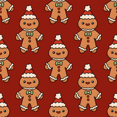 Christmas seamless pattern with ginger cookie, gingerbread man santa. Festive traditional cookies with icing on a dark red background. Winter holiday print for packaging, home decor