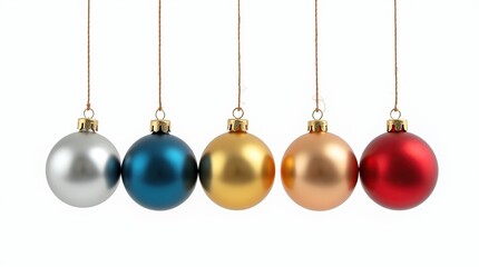 Collection of five colorful Christmas balls hanging on strings