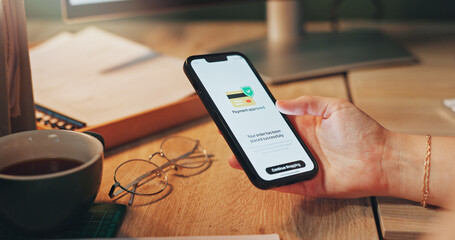 Phone screen, hand and woman with payment verification in home with sale, promotion or discount....