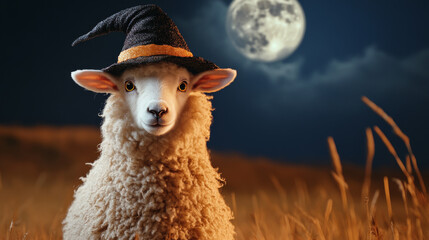 A whimsical sheep wearing witchs hat and cape stands in moonlit field, creating charming and magical atmosphere. full moon illuminates scene, enhancing enchanting vibe