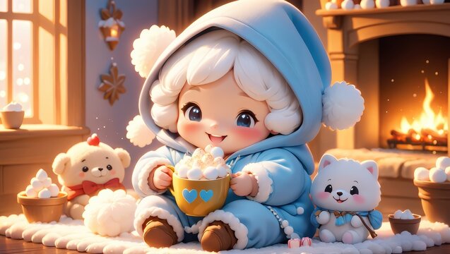 Cute Cartoon Girl Enjoy Hot Chocolate by Fireplace with Tey Bears