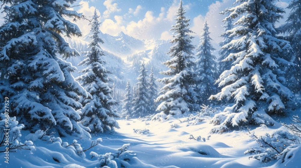 Wall mural a snowy forest with trees covered in snow. the trees are tall and the snow is covering the ground. t