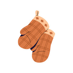 Icon of hanging oven mitts. Checkered mittens for cooking food. Quilted potholder to hold hot objects. Accessory for hand safety at kitchen. Flat isolated vector illustration on white background