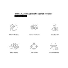 AI Data and Machine Learning Vector Icon Set with Editable Stroke, behaviour Analysis, data Scientist, Deep Learning, Data Variety, fraud prevention