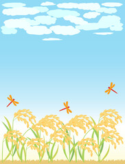 青空と稲・稲穂の秋の背景イラスト　縦型バージョン