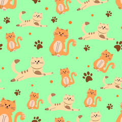 Vector pattern with the image of red and beige cats on a green background