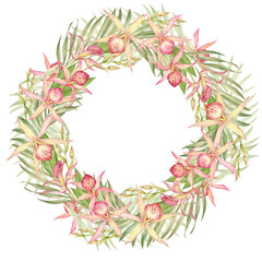 Round wreath of Orchids and palm leaves watercolor illustration.