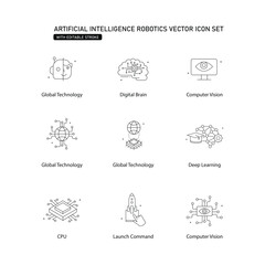 Artificial Intelligence Robotics Vector Icon Design Collection, AI-Powered Robotics Icons with Editable Stroke