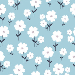 Seamless pattern with white flowers on blue background. Hand drawn floral pattern for your fabric, summer background, wallpaper, backdrop, textile. Vector illustration