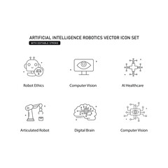 AI-Powered Robotics Icon Design Set with Editable Stroke, future technology; computer vision; digital; digital brain; brain; deep learning; global technology; launch command; CPU