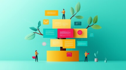 Creative illustration of a team working on a colorful tree structure, representing growth, collaboration, and digital communication.