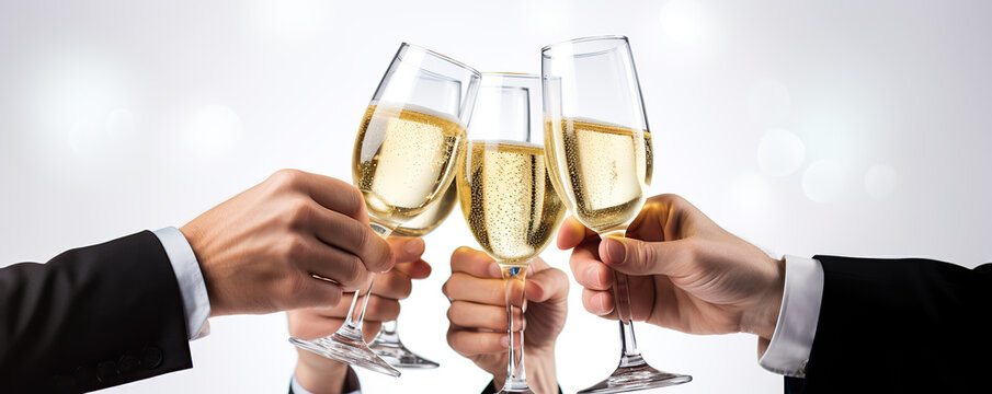 Celebrating success with champagne toasts during a formal event at a luxurious venue in the evening glow