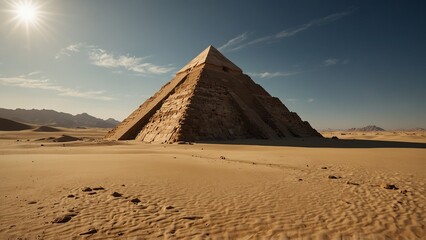 An ancient pyramid in a silver desert, covered with ancient runes, set against an endless expanse of sand dunes under the scorching sun.