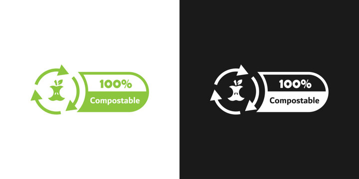 Biodegradable and compostable product icon. Compostable label, sticker or stamp. 100% compostable sign, icon or emblem. Vector. Ecology concept