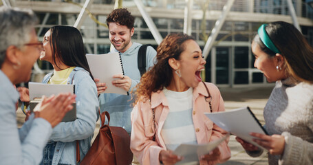 Results, outdoor or excited students in university for learning success, good news or higher education goals. Wow, victory or group of happy friends with academic registration, scholarship or marks