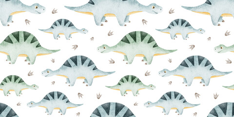 Cute blue sauropod dinosaurs and footprints. Childish background with dinos. Watercolor seamless patterns for design kid's rooms, scrapbook, clothes, textile