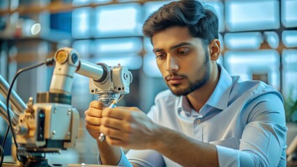 An Indian robotics engineer assembling intricate machine parts, highlighting advanced mechanical and robotic integration.