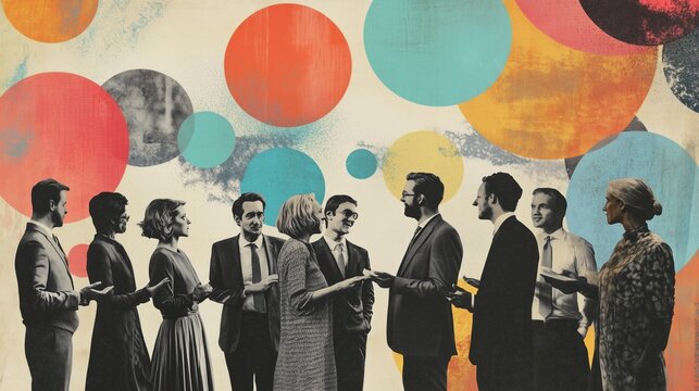 Contemporary art collage. Group of people communicate and their ideas matches. Mutual understanding at work. Concept of partnership, business acquisition, deals, cooperation, teamwork, contract.