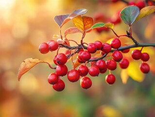 Obraz premium A branch with red berries and leaves. The branch is hanging from a tree