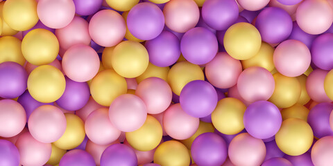 Pink, purple and yellow pastel background with many pearl or metallic balls. 3d render illustration of abstract bg with scattered orb pattern. Fun backdrop with sphere bubble and balloon texture.