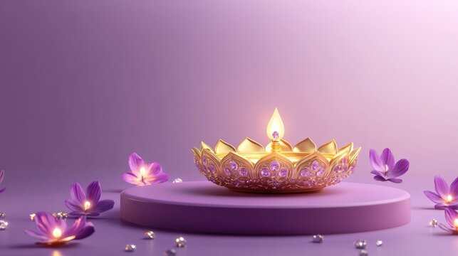 Banner design for diwali festival and purple podium,Diwali light decoration candle with fireworks,Stage,Product display Showcase design sparkle background,Deepavali,Dipavali,3D podium illustration.