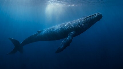 Fototapeta premium A majestic humpback whale glides through the deep blue ocean, bathed in sunlight, highlighting its immense size and graceful form.