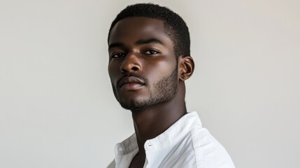 Obraz premium Serene Black Man in White Shirt - Elegant Minimalist Portrait with Soft Lighting on White Background