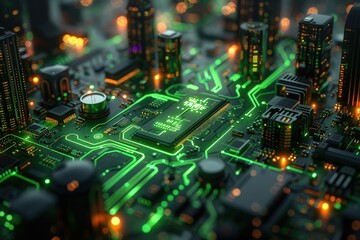 Obraz premium A miniature city built on a circuit board with glowing lights.