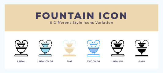 Fountain icon set with different styles. Design elements for logo. Vector illustration.