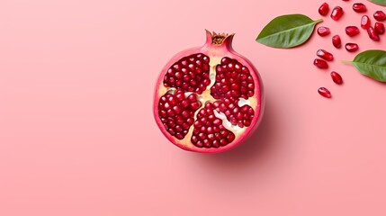 Pomegranate half and fresh raspberries with scattered seeds on a background.