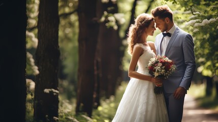 Man, woman at wedding ceremony with flower bouquet, marriage or celebration