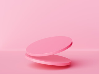 Two flying pink pastel cylinder podium for products promotion. 3d render illustration of simple background with goods display stage. Scene with minimal round platform mockup in studio room interior.