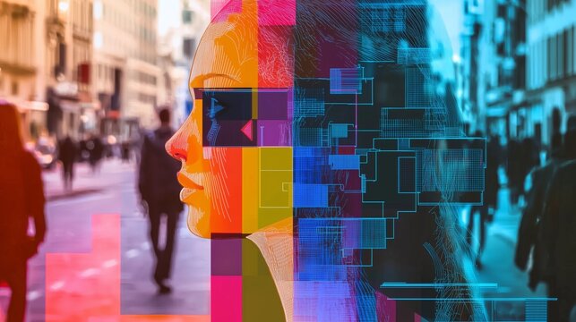 Image segmentation concept with a woman's profile and pixelated overlay on a city street background.