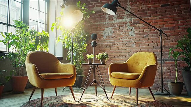 Interview and podcast room with two armchairs, table, microphone and lamps, Modern interview studio