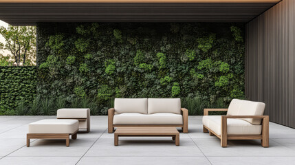 Fototapeta premium Modern outdoor terrace in a villa with minimalist furniture plants. Outdoor interior design concept image.