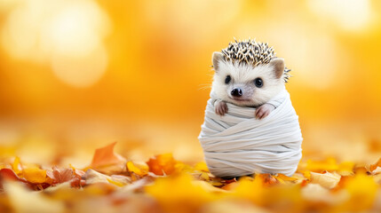 Obraz premium A hedgehog dressed as mummy with tiny bandages sits among autumn leaves, creating whimsical and adorable scene. warm colors evoke cozy, festive atmosphere