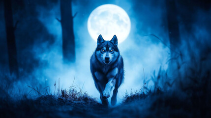 A majestic husky running through misty forest under full moon, creating an enchanting and mysterious atmosphere. blue tones enhance magical feel of scene