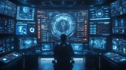 AI-powered digital marketing assistants managing online campaigns: A futuristic control room where AI monitors ad performance across multiple platforms.