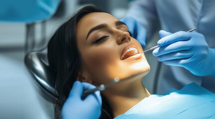Fototapeta premium Woman receiving a dental checkup by a dentist in a clinic, She liying in the idental chair. Close up shot. Professional medical care, oral health, modern dental treatment