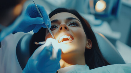 Woman receiving a dental checkup by a dentist in a clinic, She liying in the idental chair. Close up shot. Professional medical care, oral health, modern dental treatment