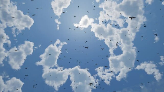 A huge flock of migratory birds passes the camera. Overhead migration.