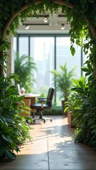 Fototapeta premium A sustainable corporate environment with lush green plants, employee wellbeing, and ESG, sustainable and nature-friendly corporate environment, environmental responsibility in business, vertical.