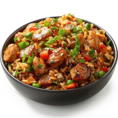 Fototapeta premium A plate of delicious, colorful rice bowl with a variety of ingredients including chicken, peppers,