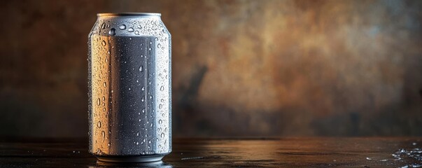 Chilled aluminum can of beer with refreshing droplets on a rustic wooden table, evoking a sense of cool relaxation and enjoyment.