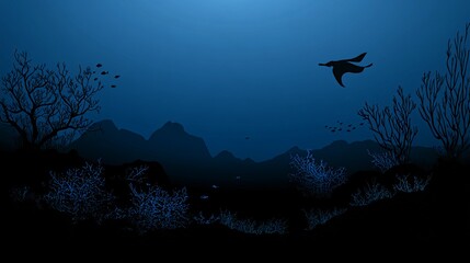 Fototapeta premium A dark blue silhouette of a bird flying over a mountain range and coral reef.