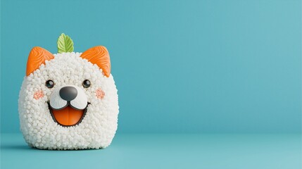 Fototapeta premium Adorable Animal-Shaped Sushi Rolls: Happy dog sushi figurine with leaf garnish on blue background.