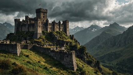 Fototapeta premium An ancient castle hidden in the mountains, made of gray stone, with walls covered in vines and moss, set against a gloomy sky and surrounding mountain peaks.