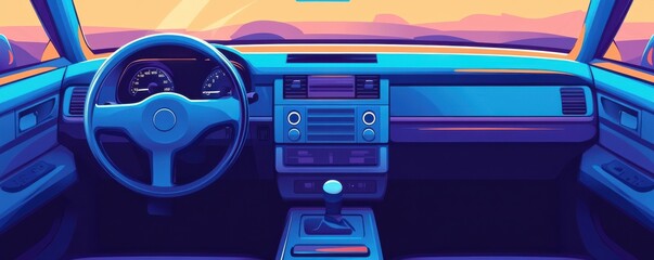illustration of a car interior showcasing modern dashboard design with a futuristic perspective and dynamic motion effects